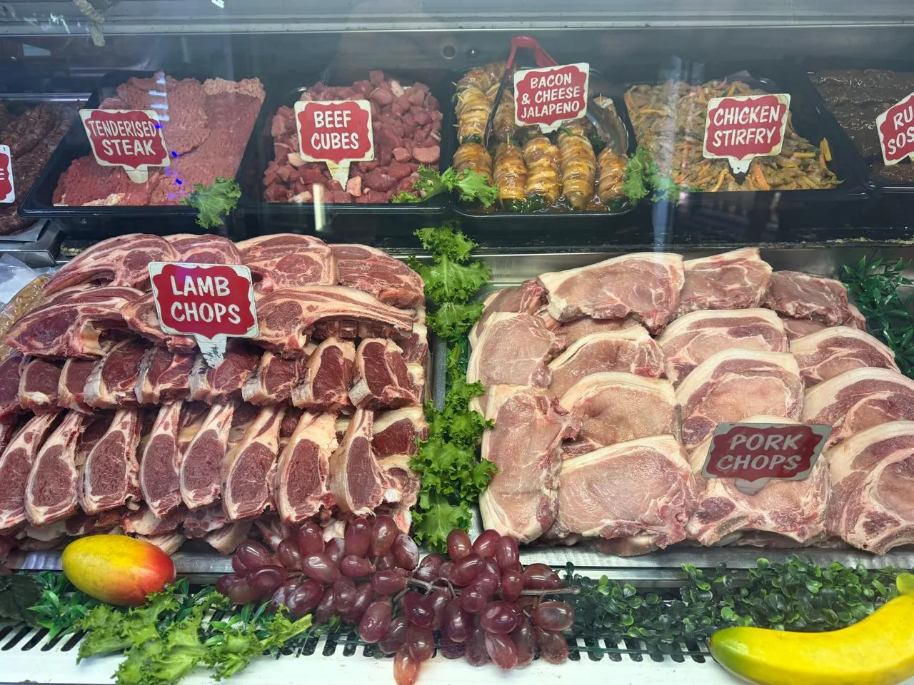 Fresh lamb chops, pork chops and prepared meats at the Matts counter